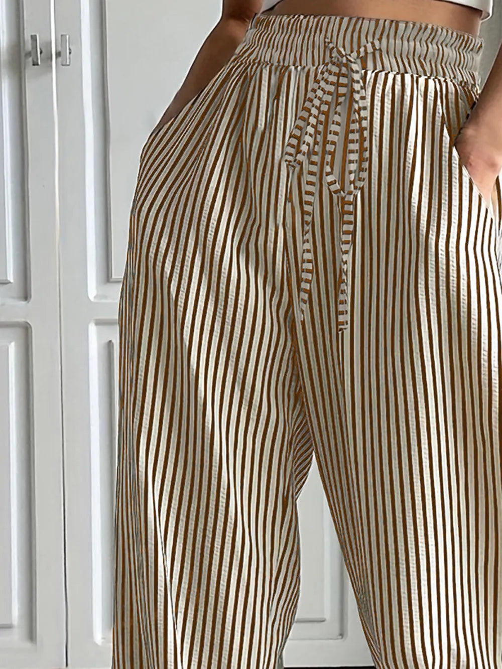 Drawstring Striped Elastic Waist Pants (5)