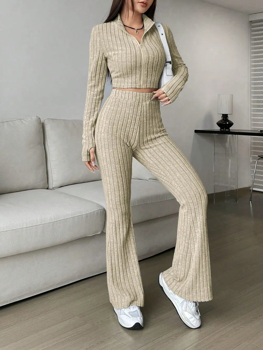 Zip Up Long Sleeve Top Pants Set (4)