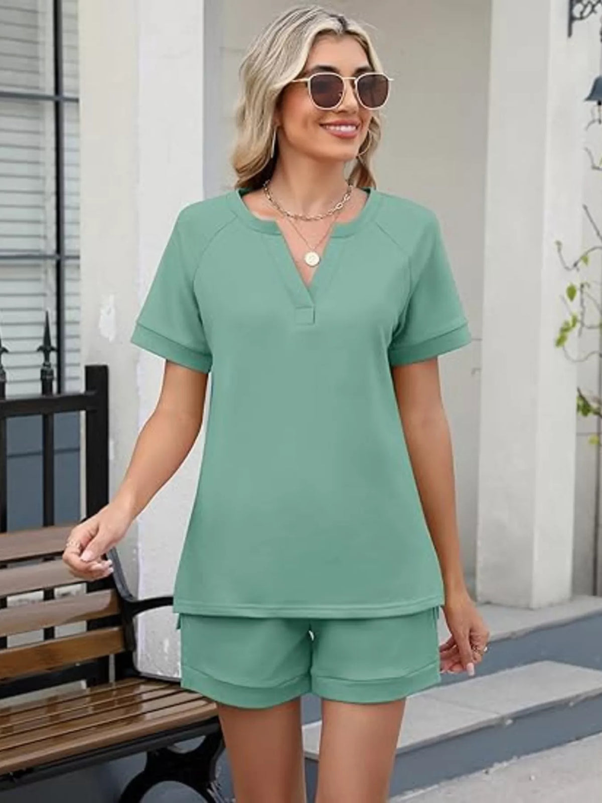 Solid Color Short Sleeve Top Shorts Two-piece Set (24)