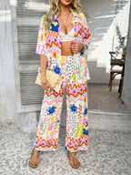 Printed Button Down Shirt Pants Set