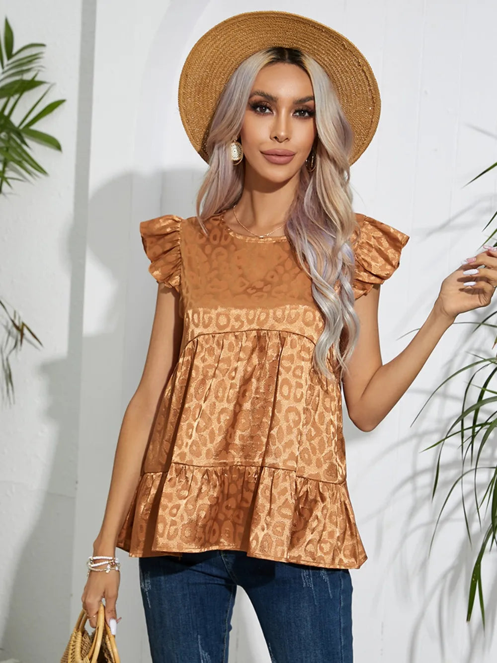 Full Size Ruffled Leopard Cap Sleeve Top (2)