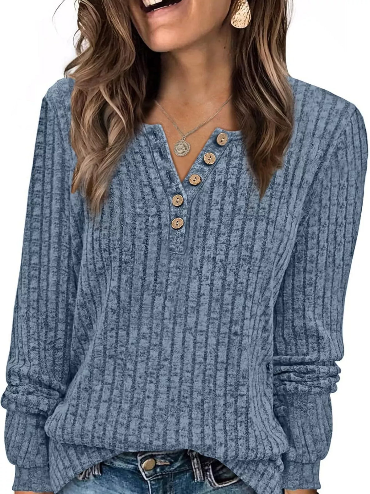Ribbed Knit Button-front Long Sleeve T-shirt (15)
