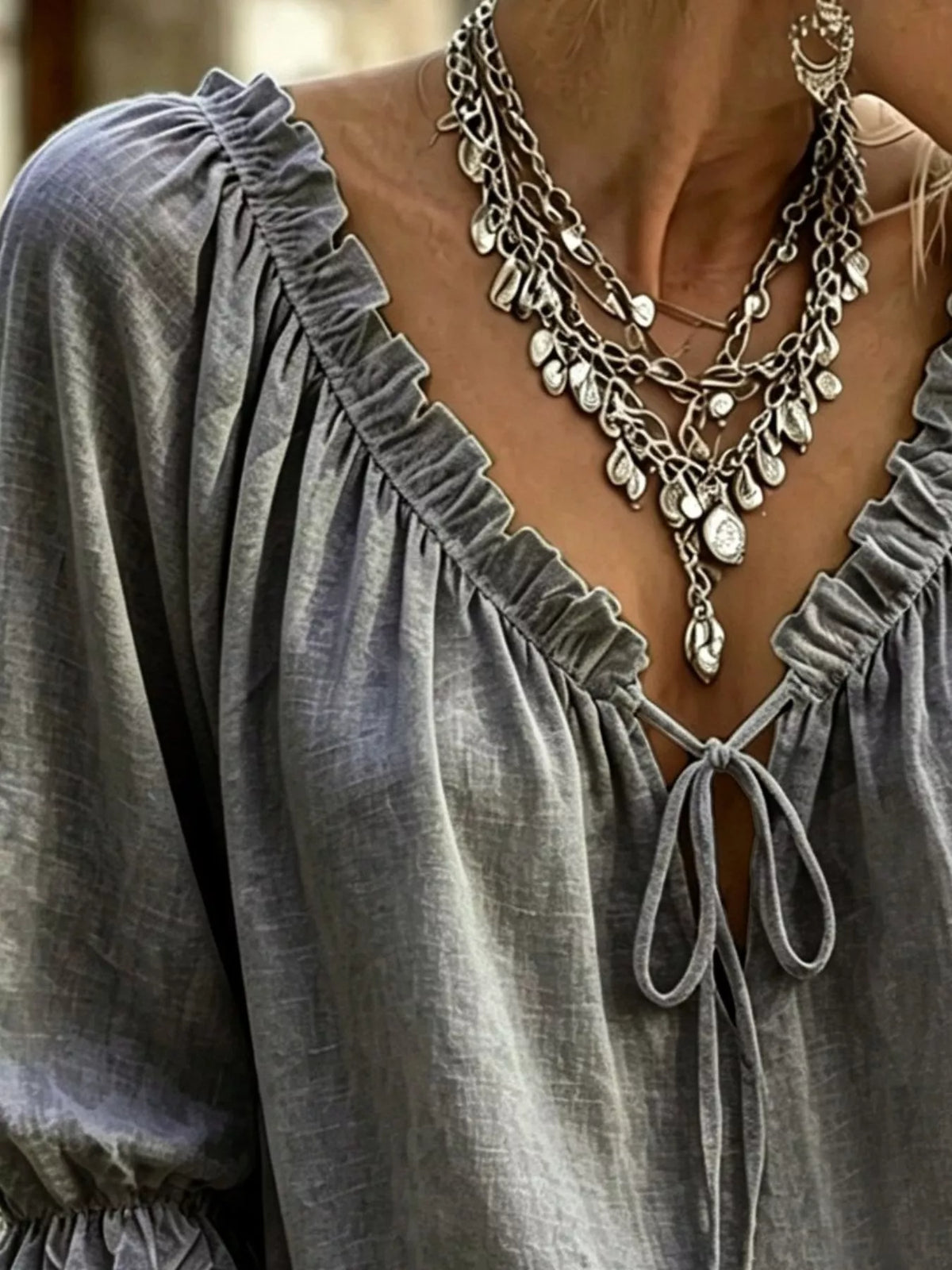 Frill Tie Neck 3/4 Sleeve Blouse (2)