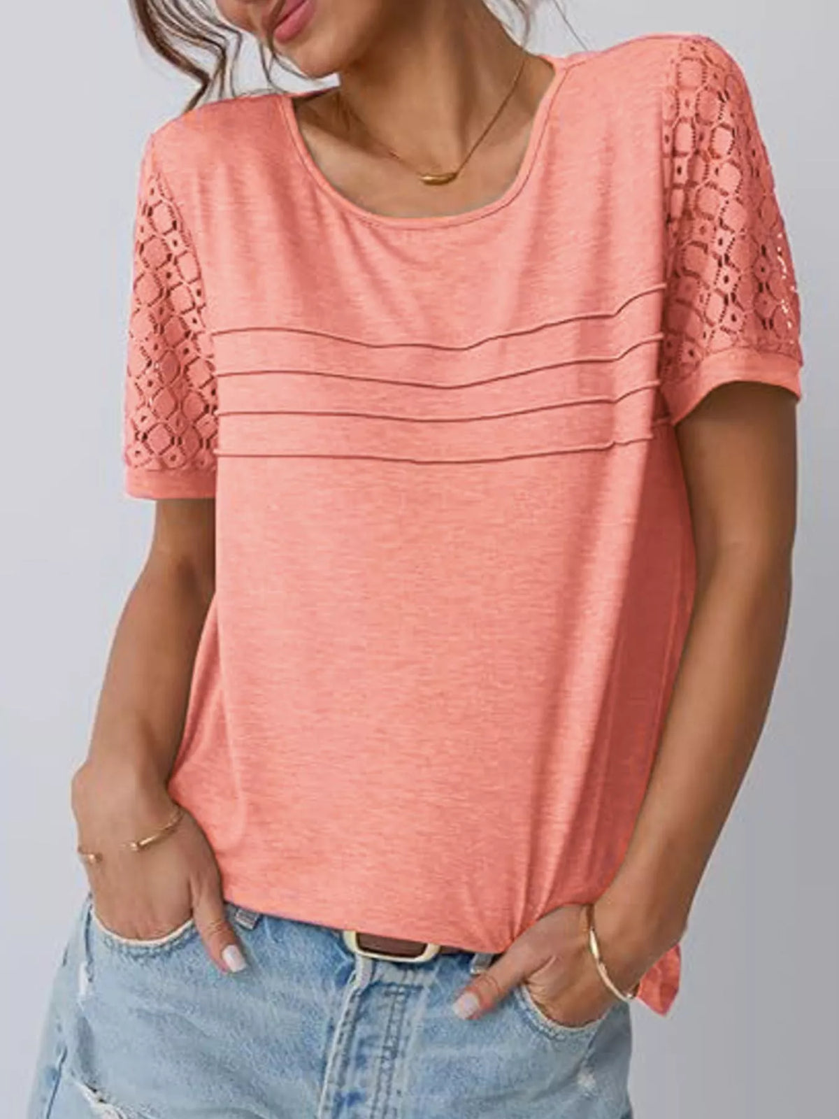 Lace Short Sleeve Round Neck T-shirt (2)