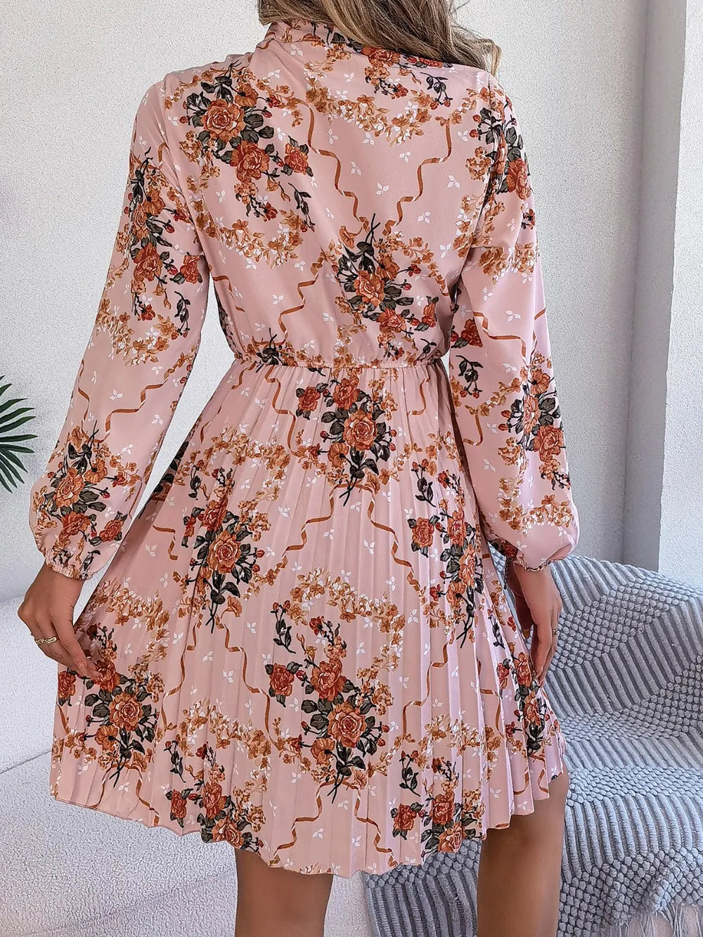 Pleated Printed Tie Neck Long Sleeve Dress (2)