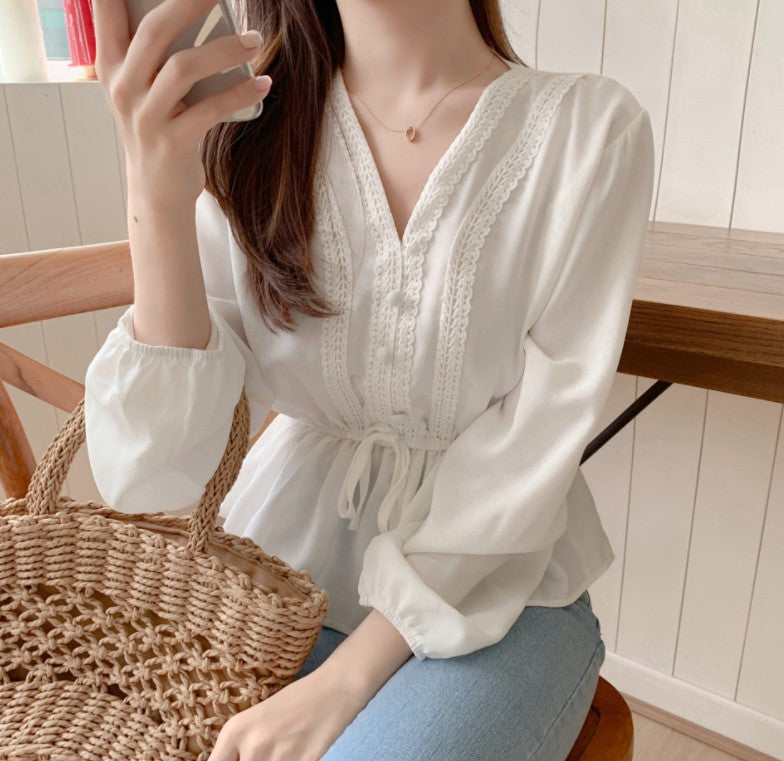 Shintimes V-neck White Blouse Sashes Casual Clothes photo 2