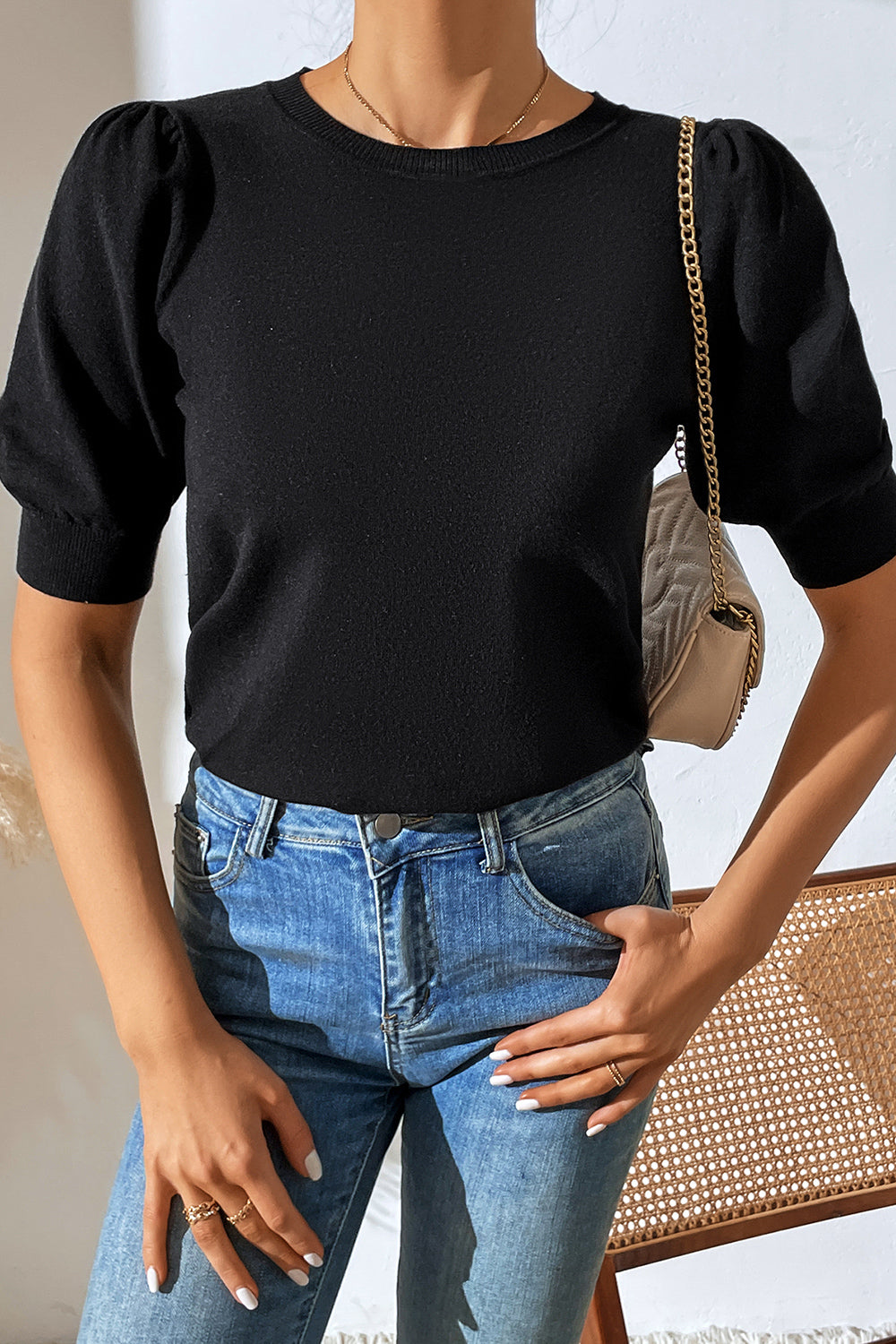 Round Neck Puff Sleeve Knit Top (8)