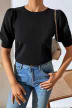 Round Neck Puff Sleeve Knit Top (8)