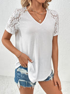 Lace Detail V-neck Short Sleeve T-shirt (2)