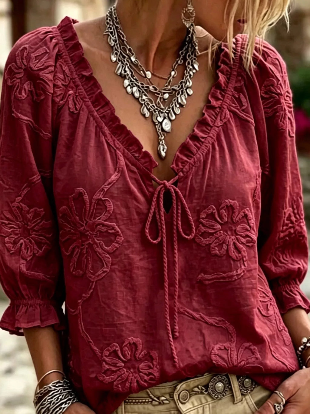 Floral Tie Neck 3/4 Sleeve Blouse (2)