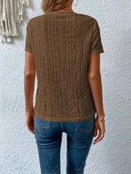 Eyelet Round Neck Short Sleeve T-shirt (11)