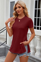 Eyelet Slit Round Neck Short Sleeve T-shirt (7)