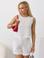 Textured Round Neck Tank Shorts Set (2)