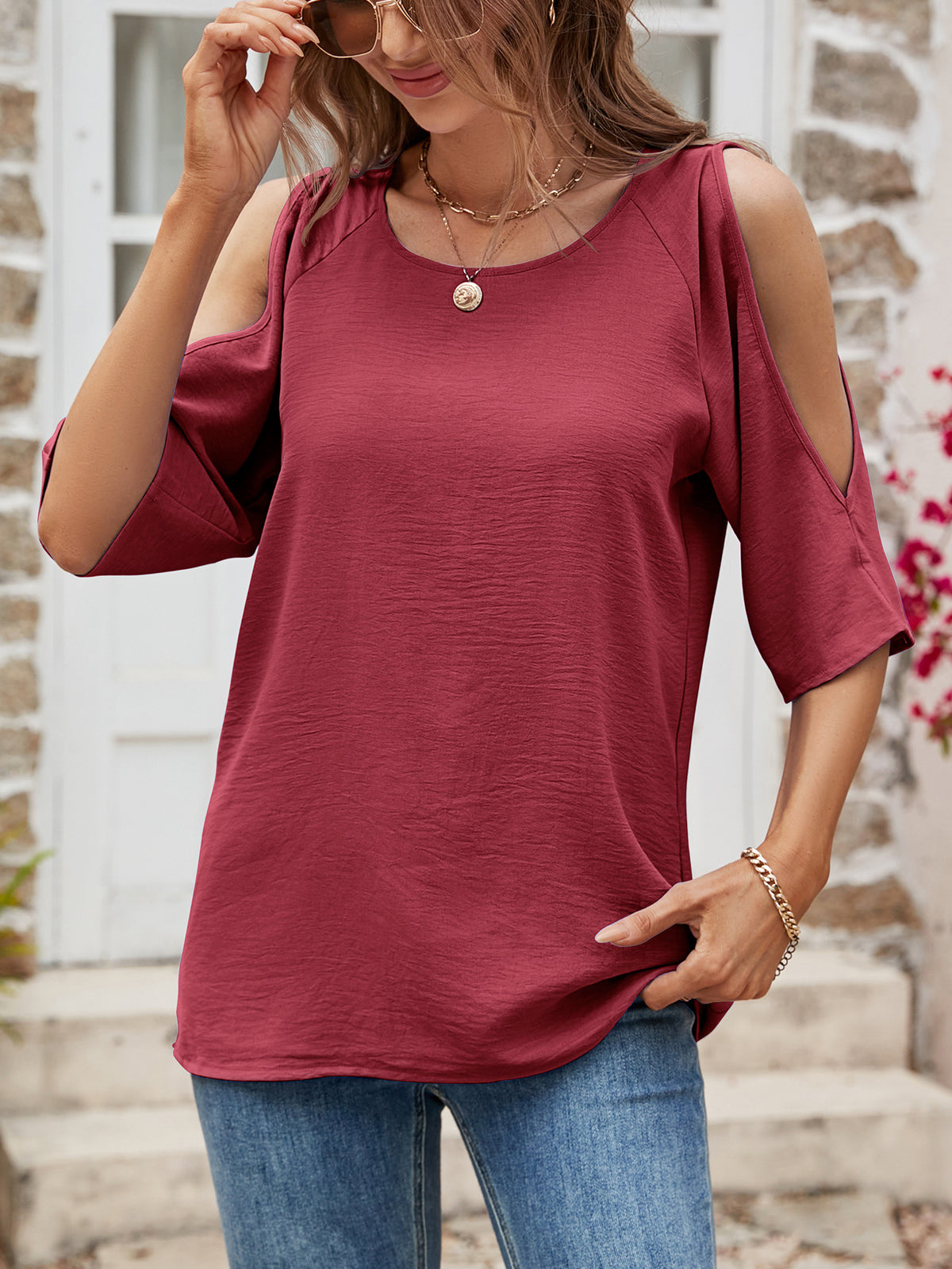 Textured Round Neck Split Sleeve Top (7)