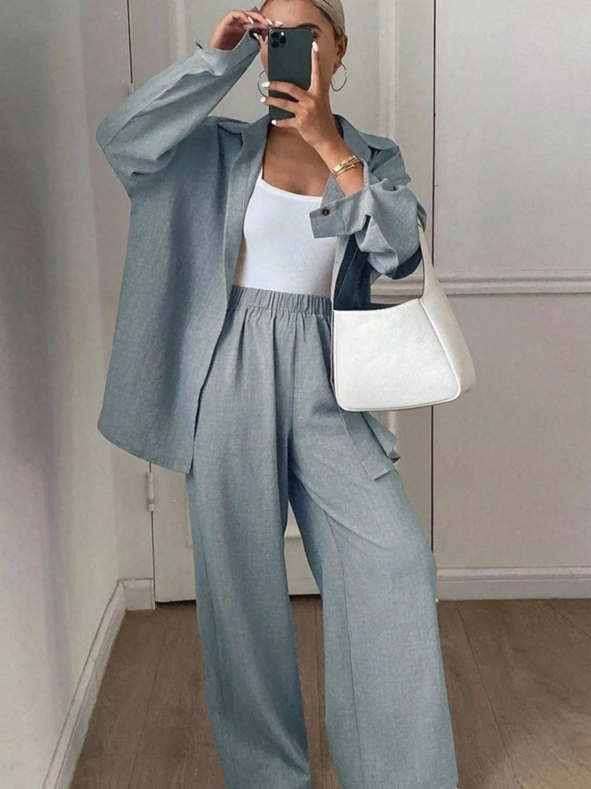 Button-down Shirt Wide-leg Pants Set (27)