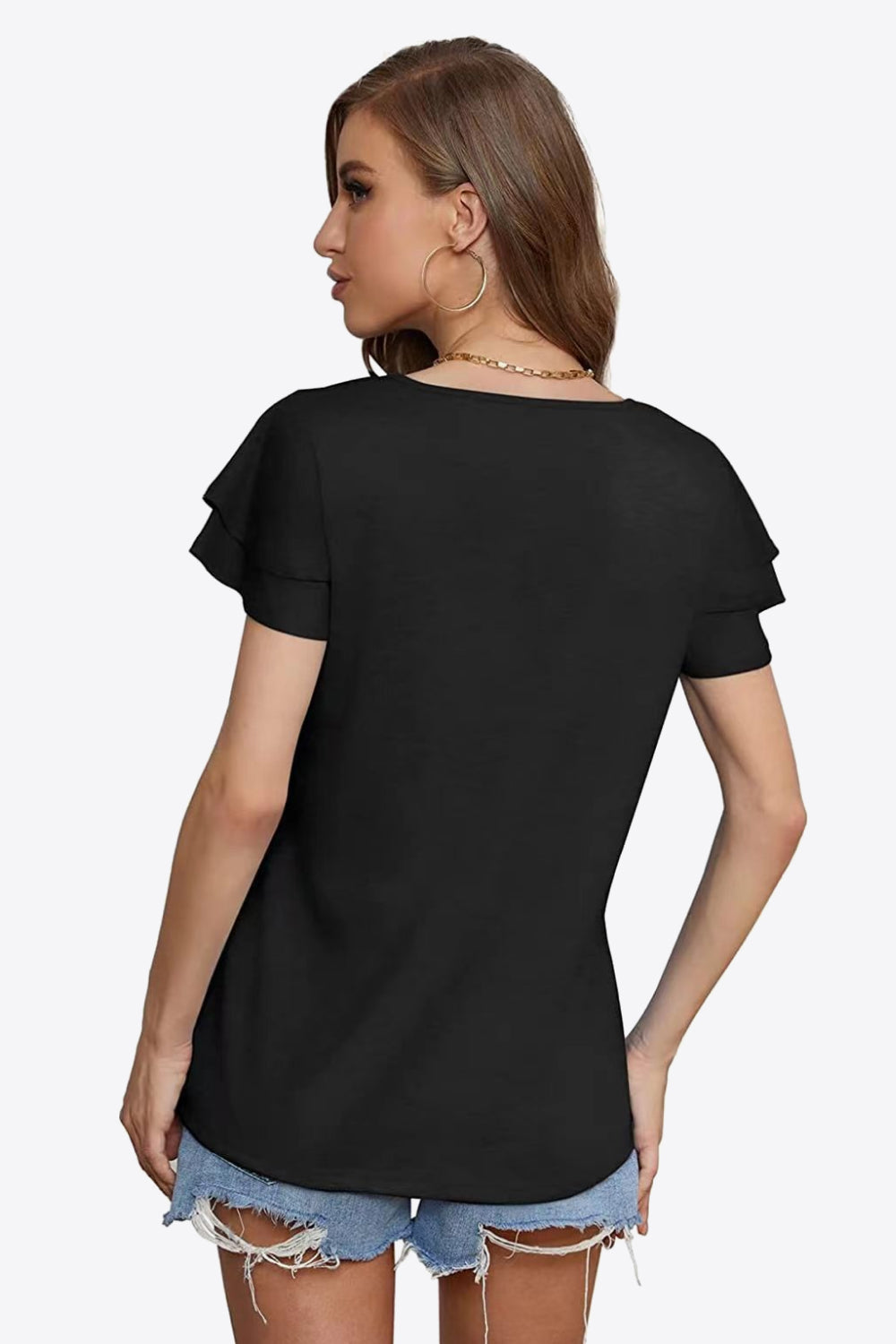 Tie-neck Layered Flutter Sleeve Blouse (6)