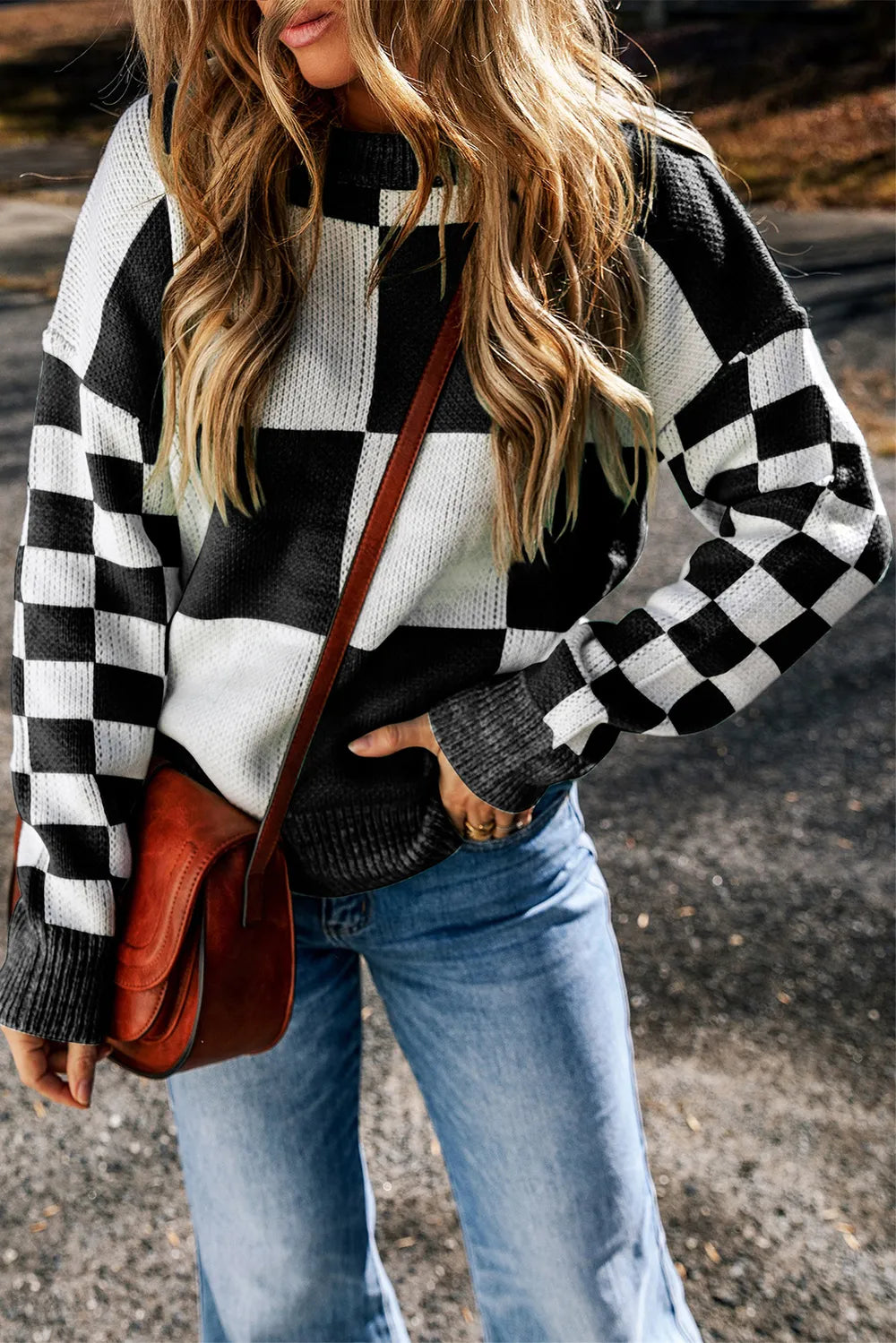 Checkered Round Neck Drop Shoulder Sweater (21)