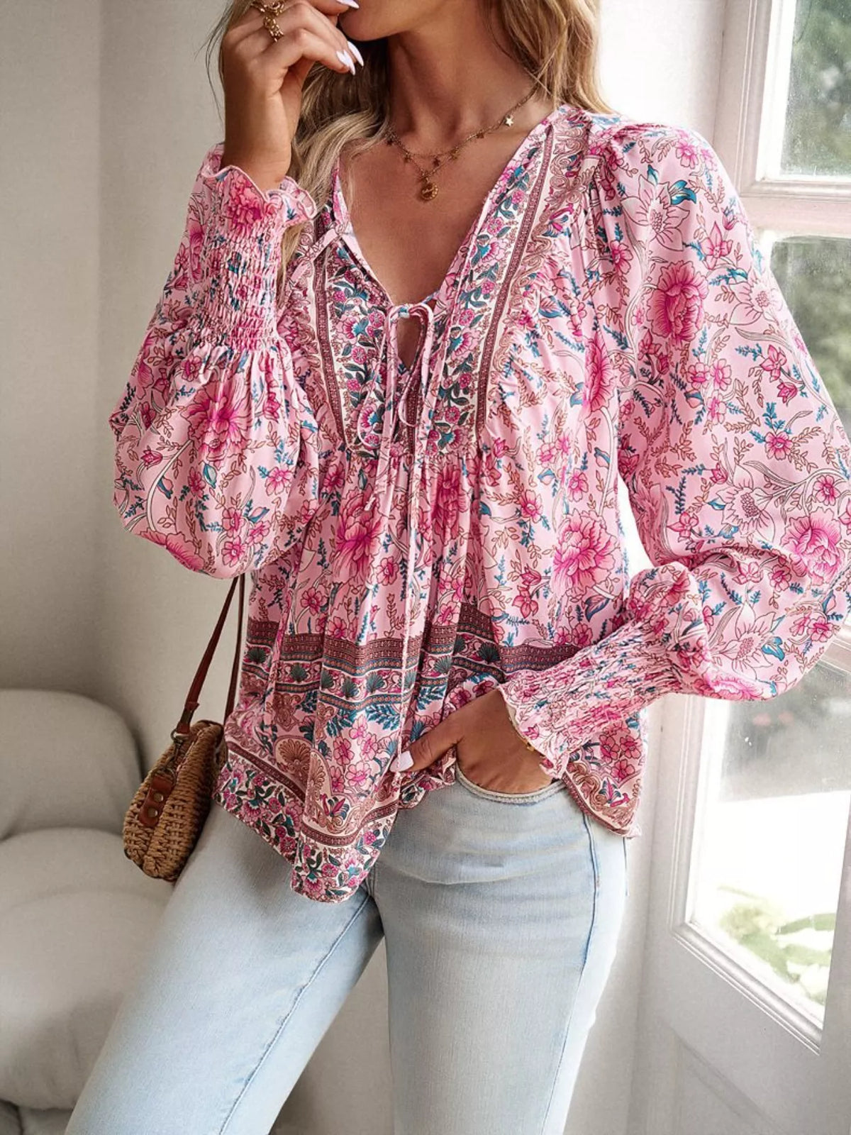 Floral Print Tie Neck Bohemian Blouse (3)