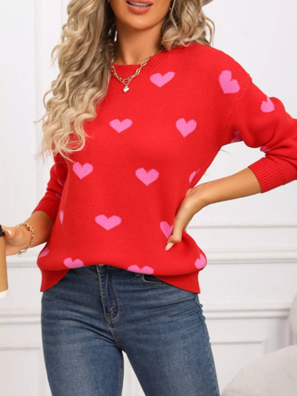 Valentine's Day Heart Pattern Dropped Shoulder Sweater (15)