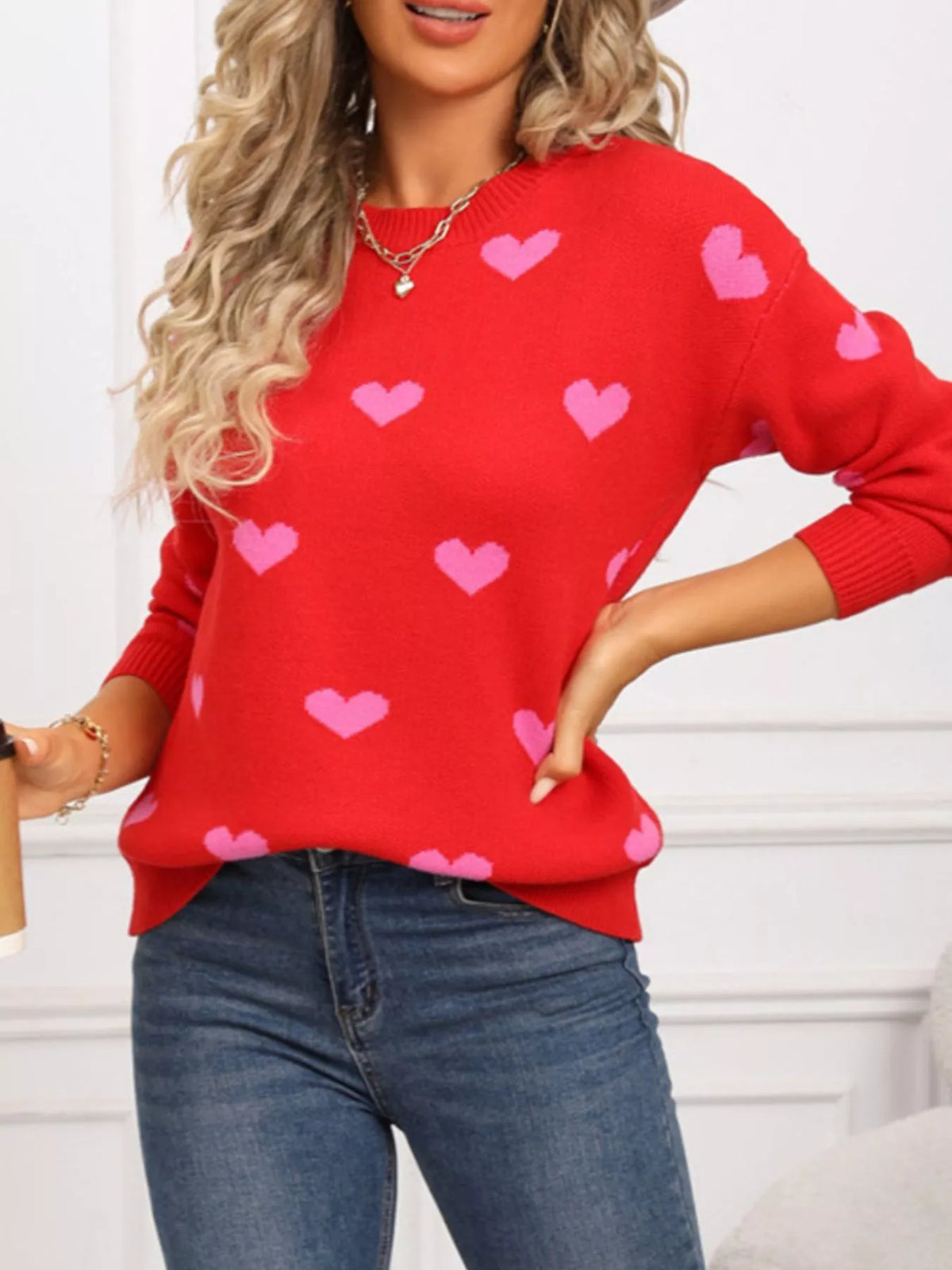 Valentine's Day Heart Pattern Dropped Shoulder Sweater (15)