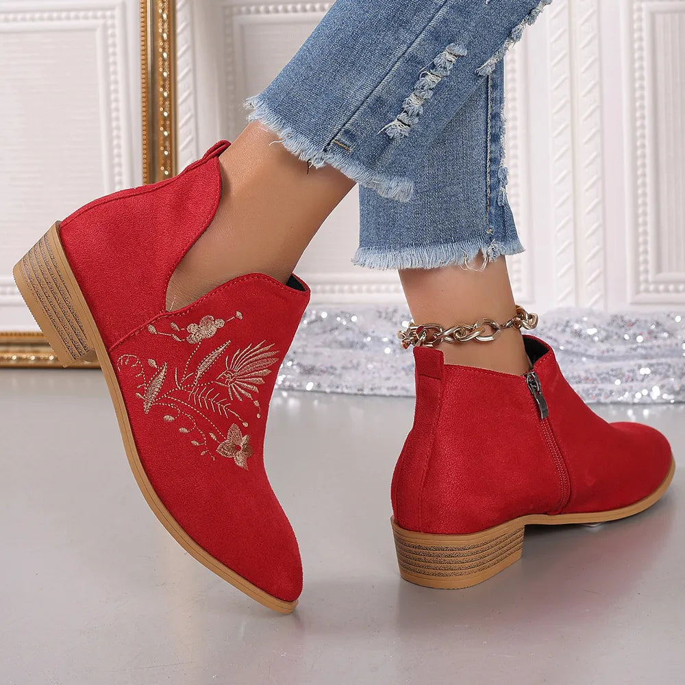 Embroidered Suede Point Toe Block Heel Boots (6)