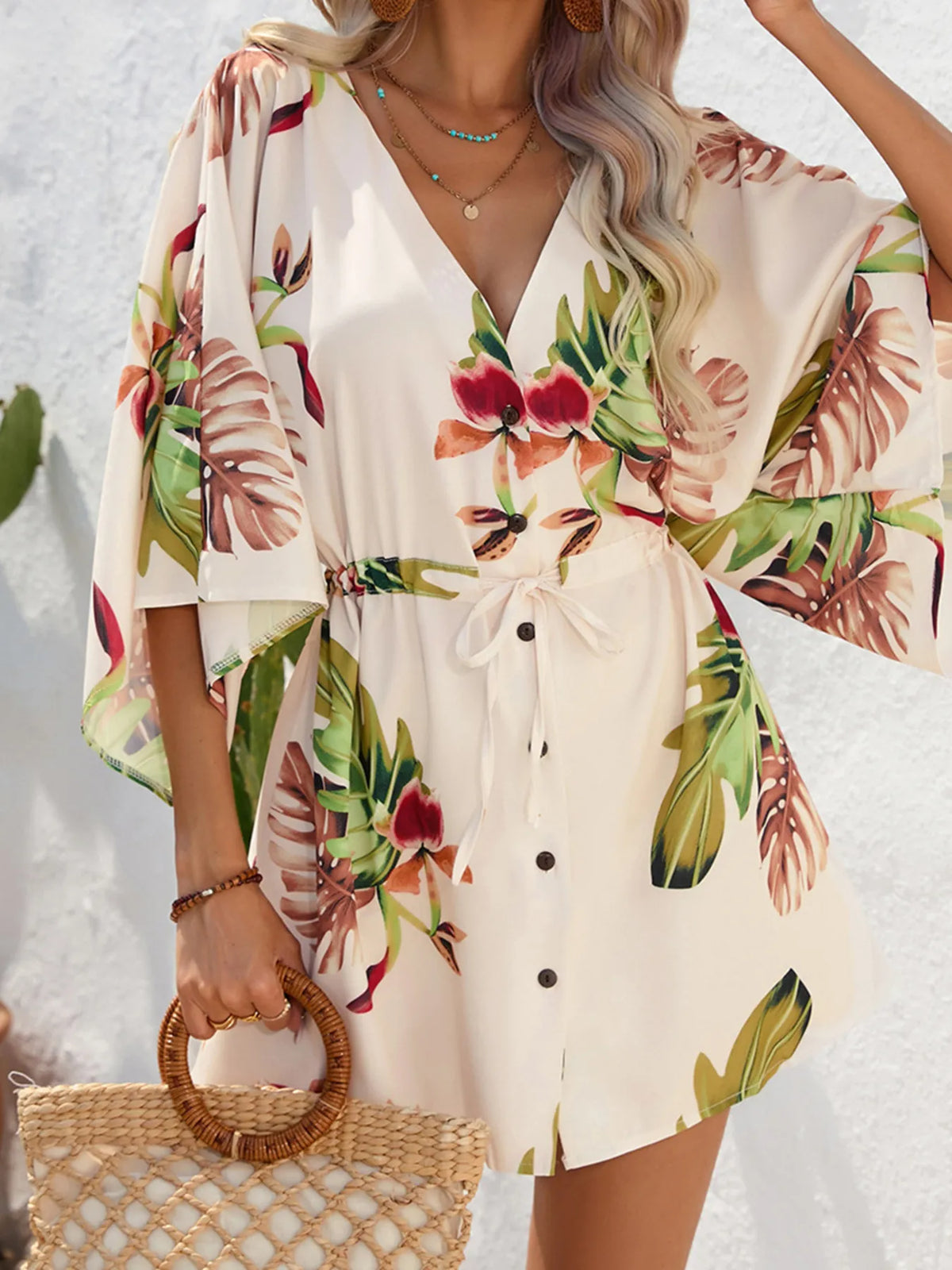 Block Drawstring Waist Button Up Dress (8)