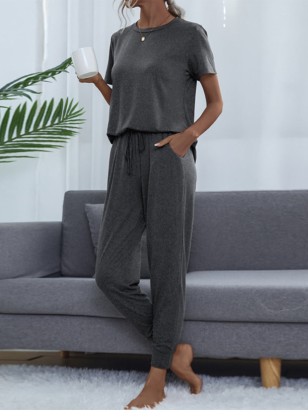 Round Neck Short Sleeve Top Pants Set (15)