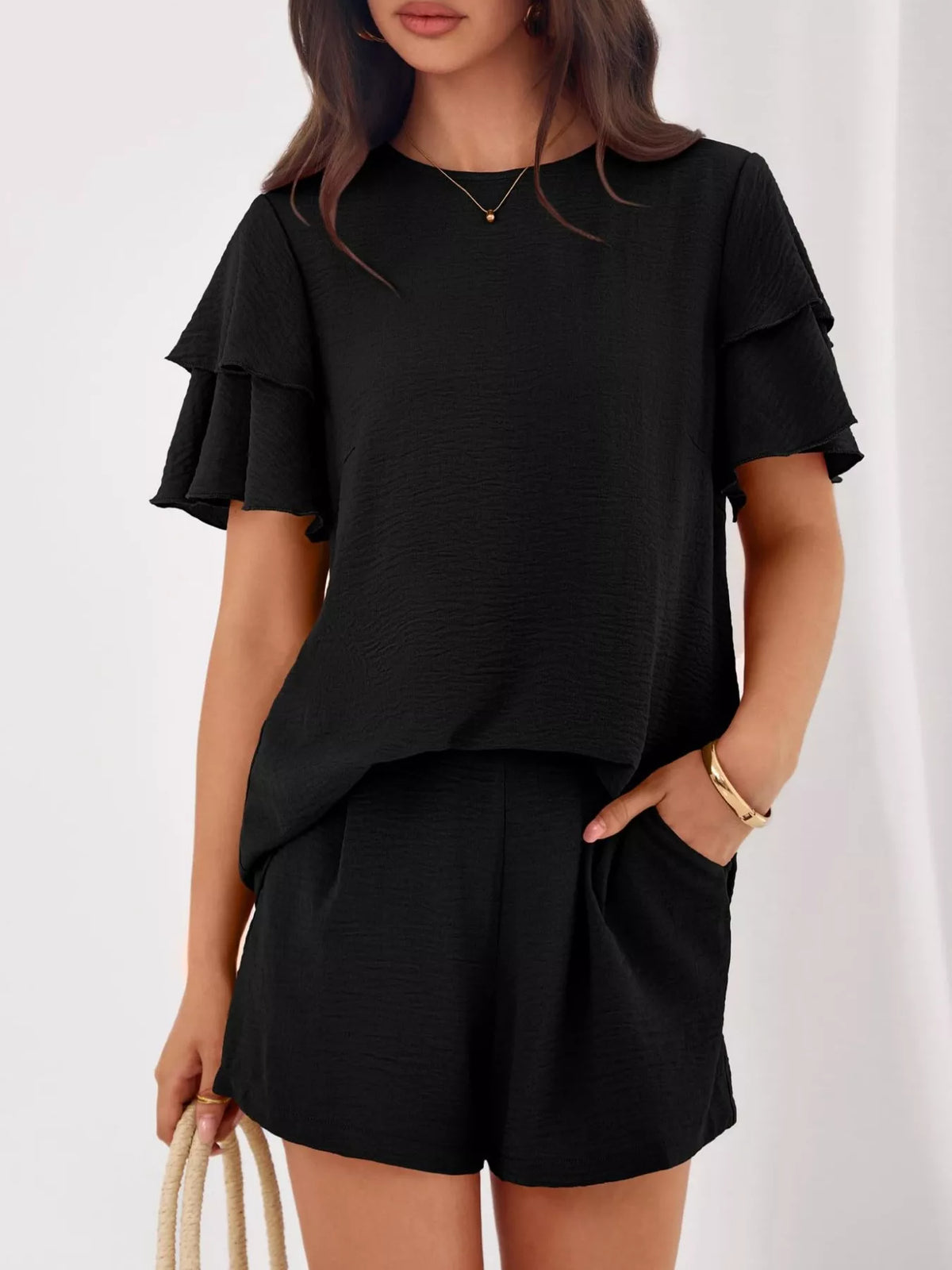 Ruffle Sleeve Top Shorts Two-piece Set (16)