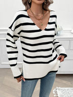 Striped V-neck Long Sleeve Knit Top (3)
