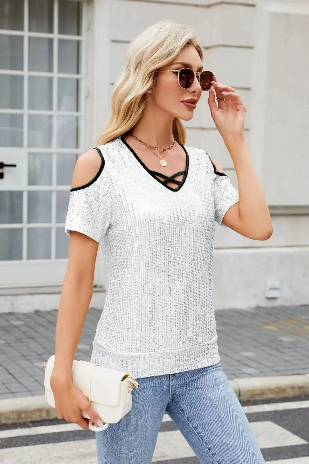 Sequin Crisscross V-neck Cold Shoulder Blouse (8)
