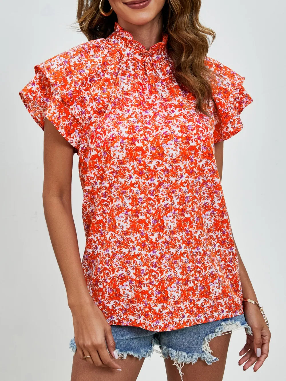 Ditsy Floral Mock Neck Flounce Sleeve Blouse (9)
