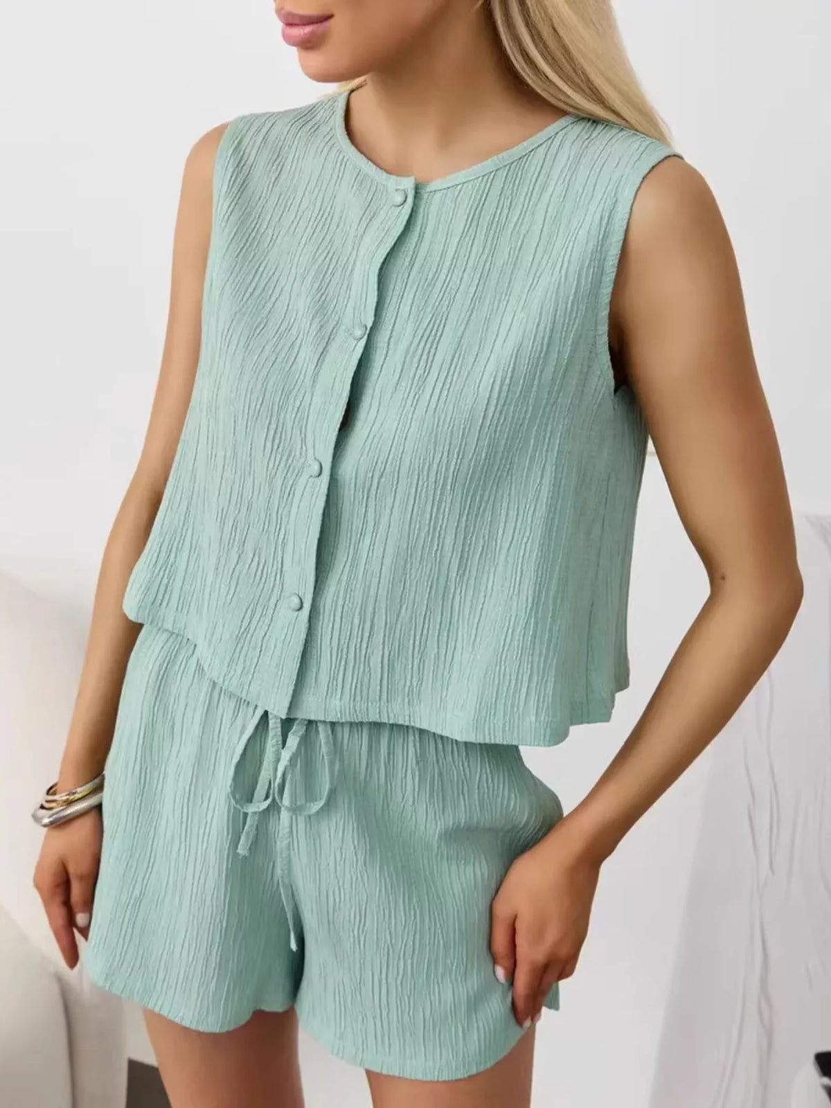 Textured Round Neck Tank Shorts Set (23)
