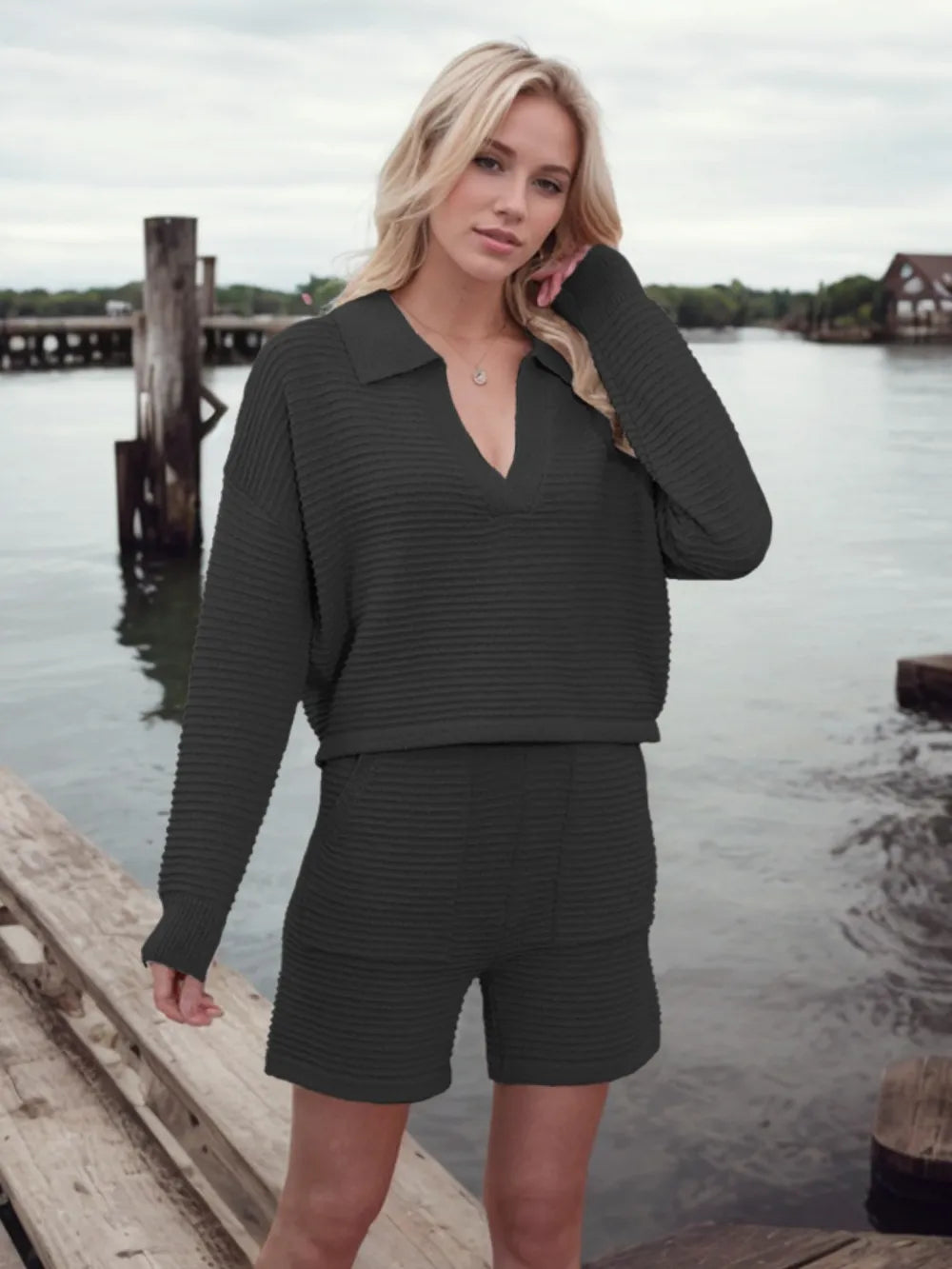 Johnny Collar Long Sleeve Top Shorts Sweater Set (13)