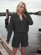 Johnny Collar Long Sleeve Top Shorts Sweater Set (13)