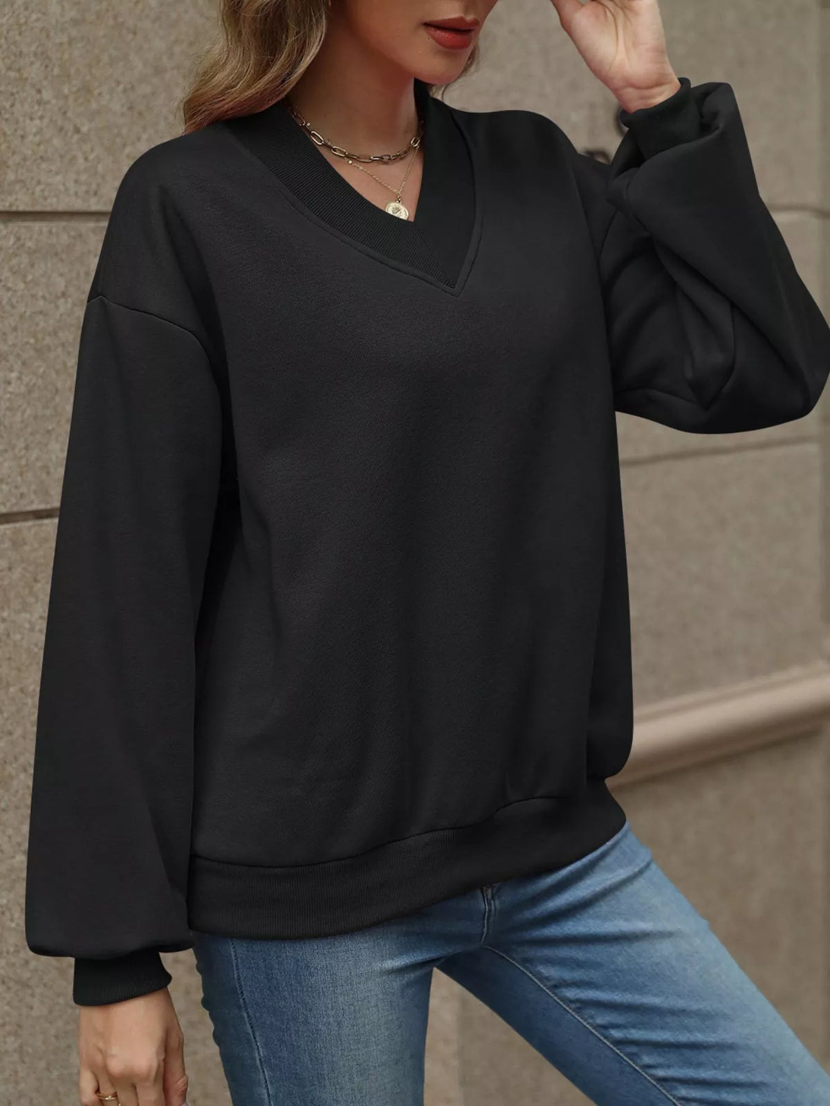 V-neck Solid Color Casual Sweatshirt (15)