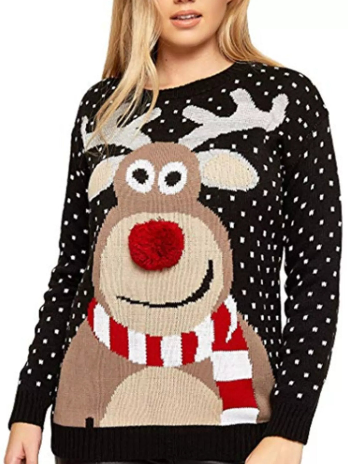 Christmas Reindeer Graphic Round Neck Sweater (5)