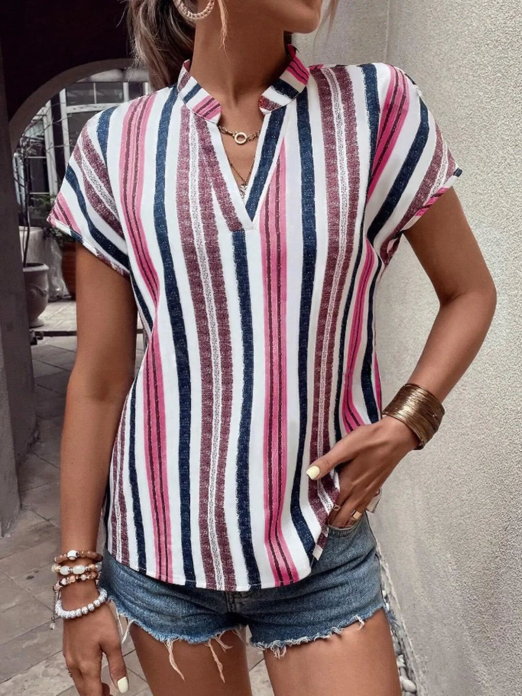 Striped Notched Short Sleeve Shirt (12)