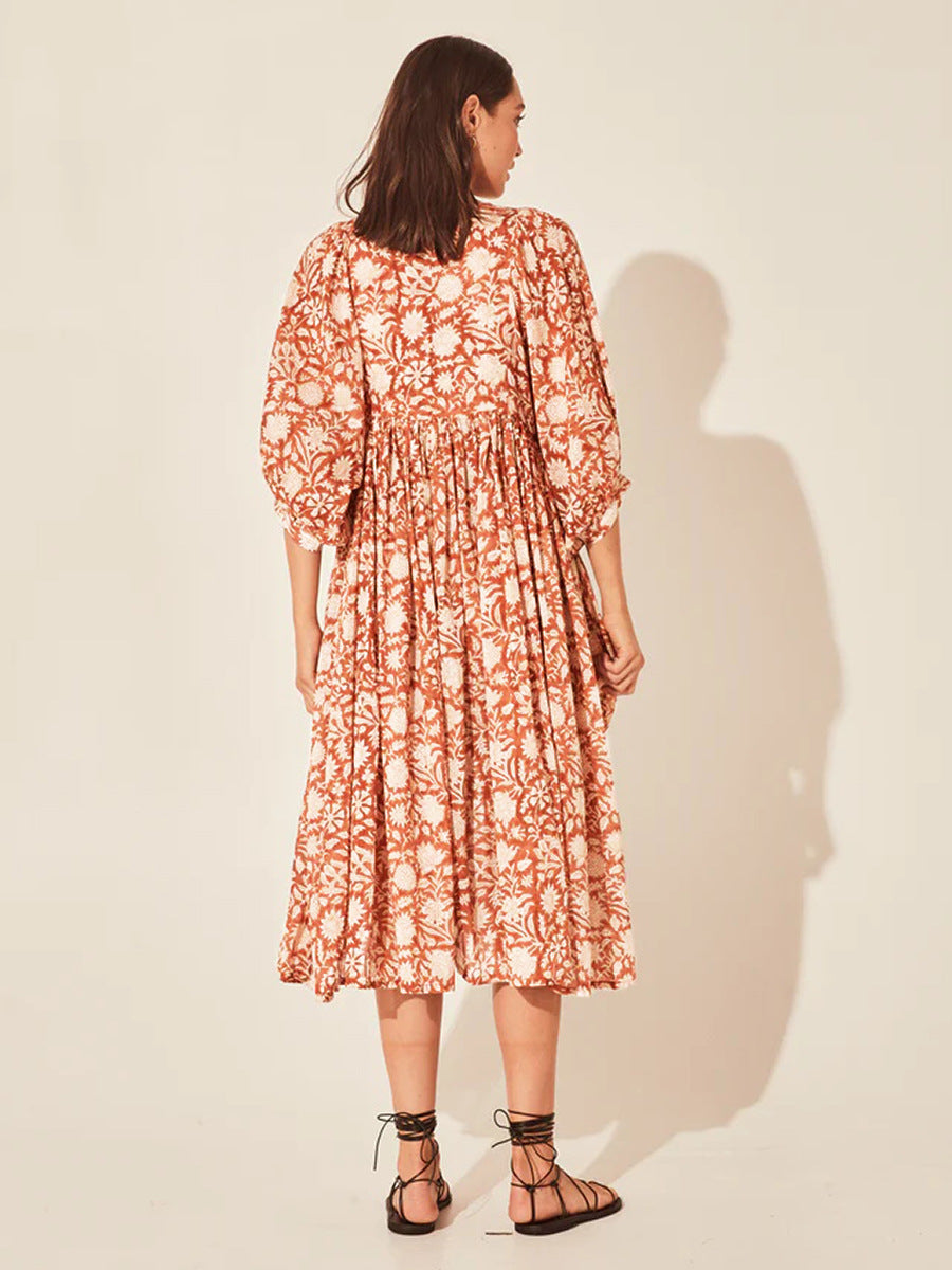 Floral Tie Neck Lantern Sleeve Dress (15)