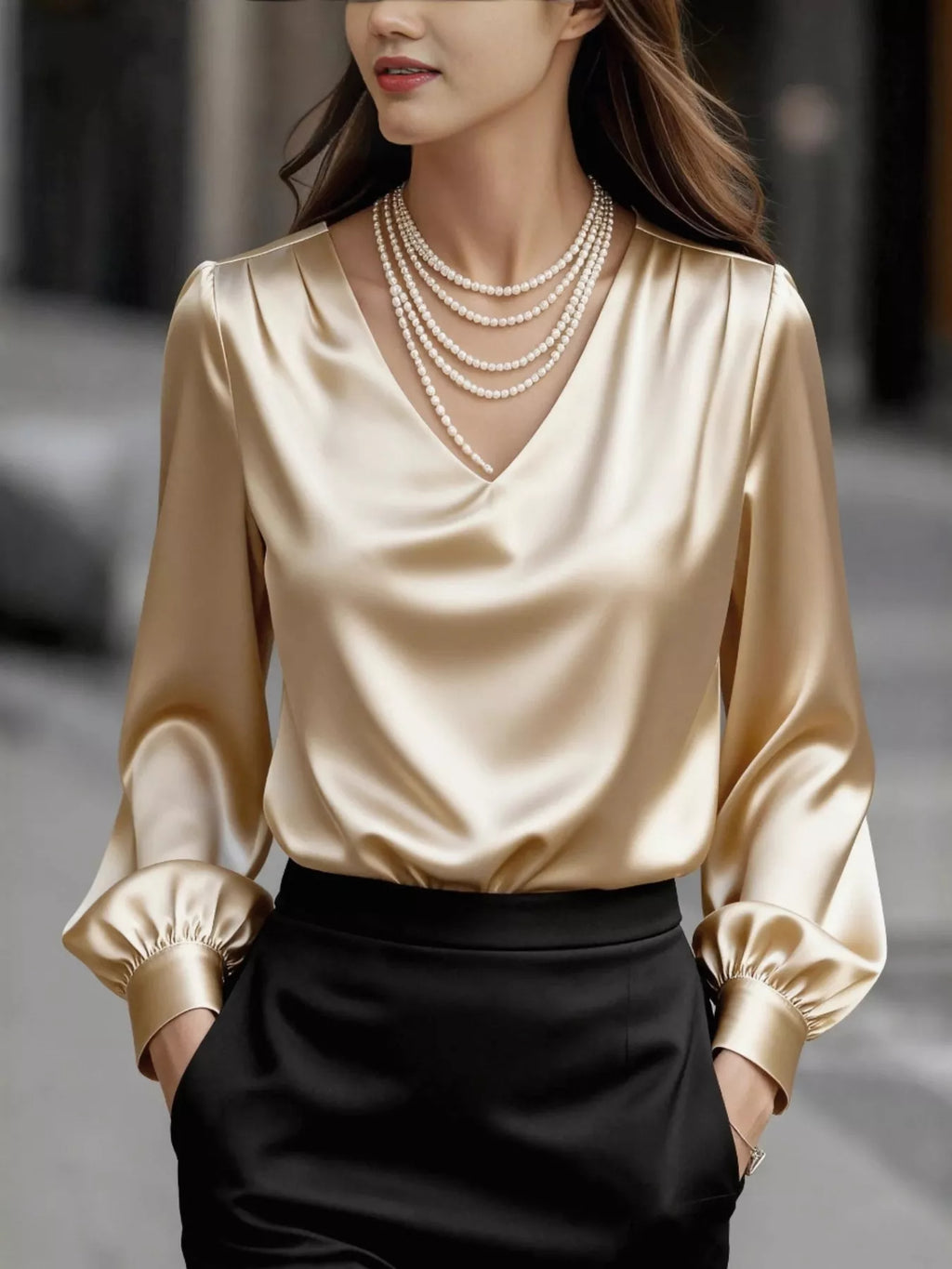 Satin V-neck Long Sleeve Blouse