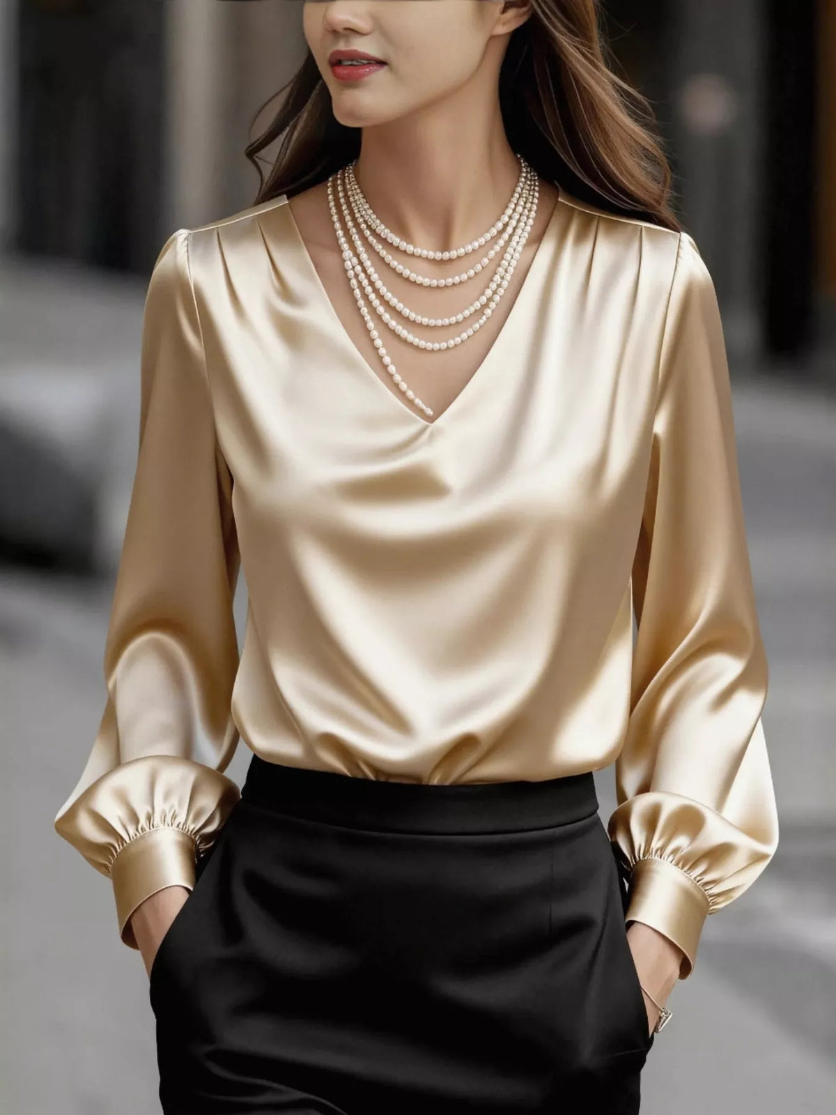 Satin V-neck Long Sleeve Blouse