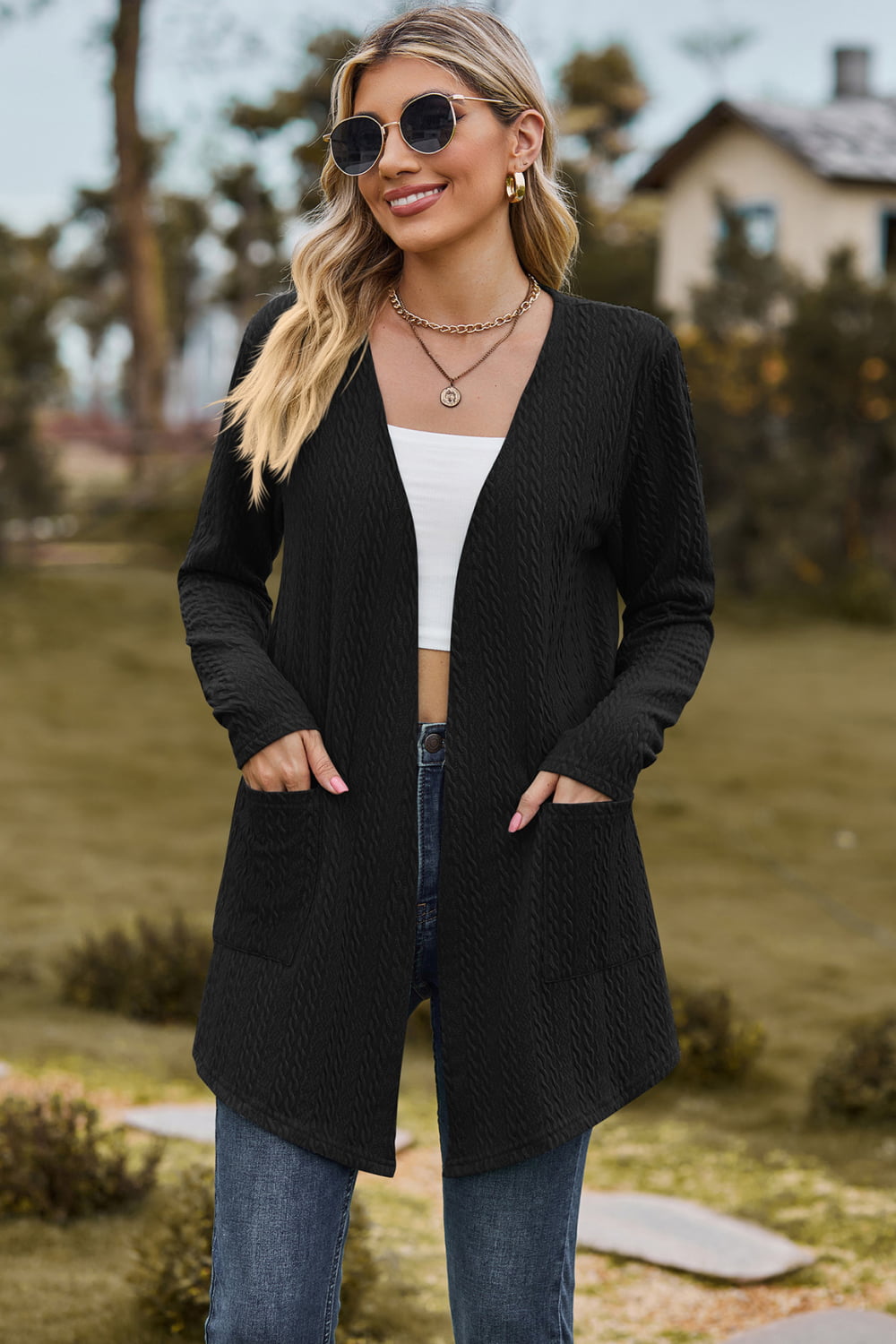 Cable-knit Long Sleeve Cardigan Pocket (13)