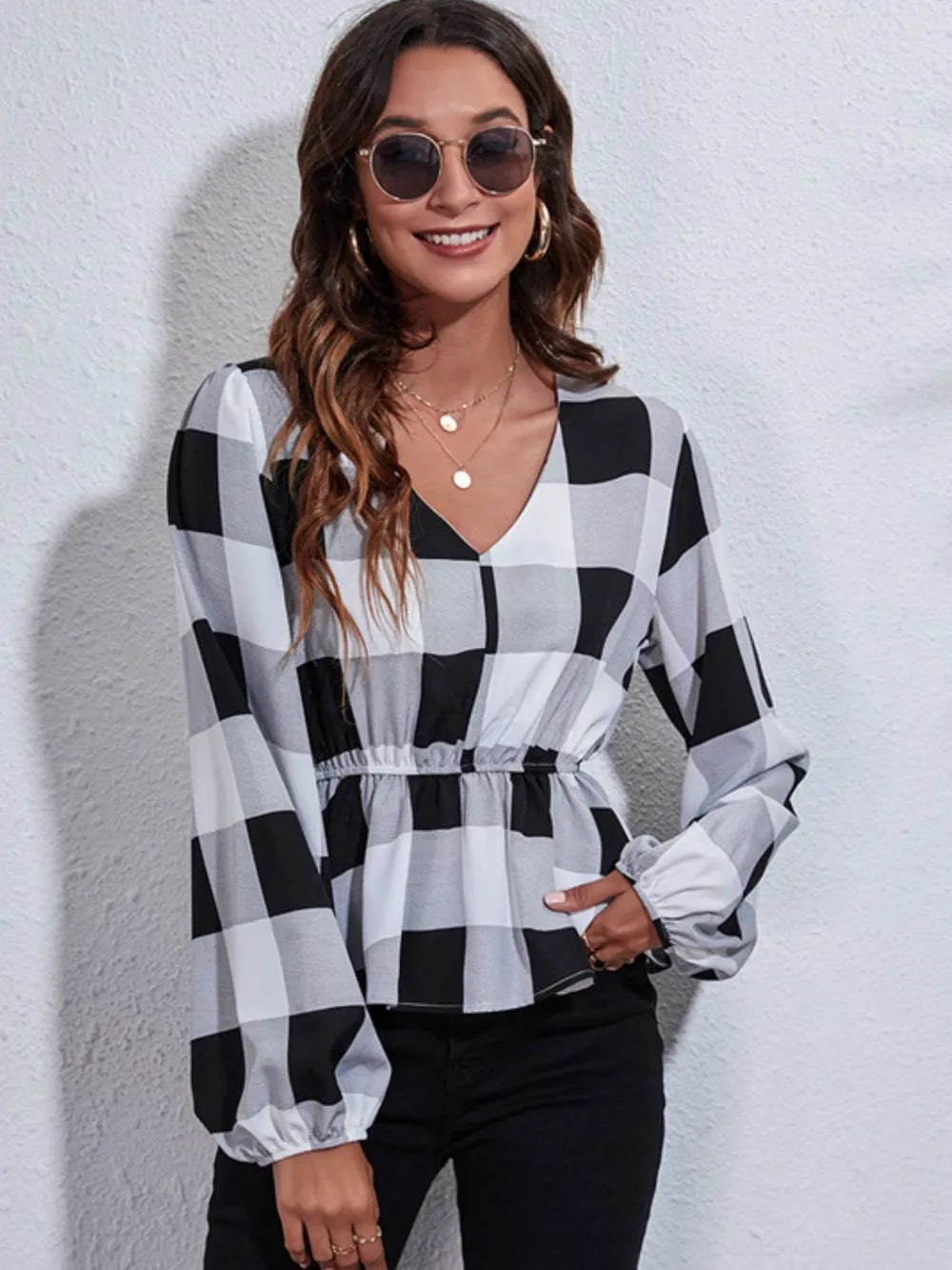 Ruched Printed V-neck Long Sleeve Blouse