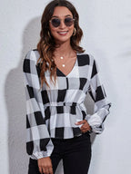 Ruched Printed V-neck Long Sleeve Blouse