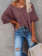 Waffle Knit V-neck Short Sleeve T-shirt (23)