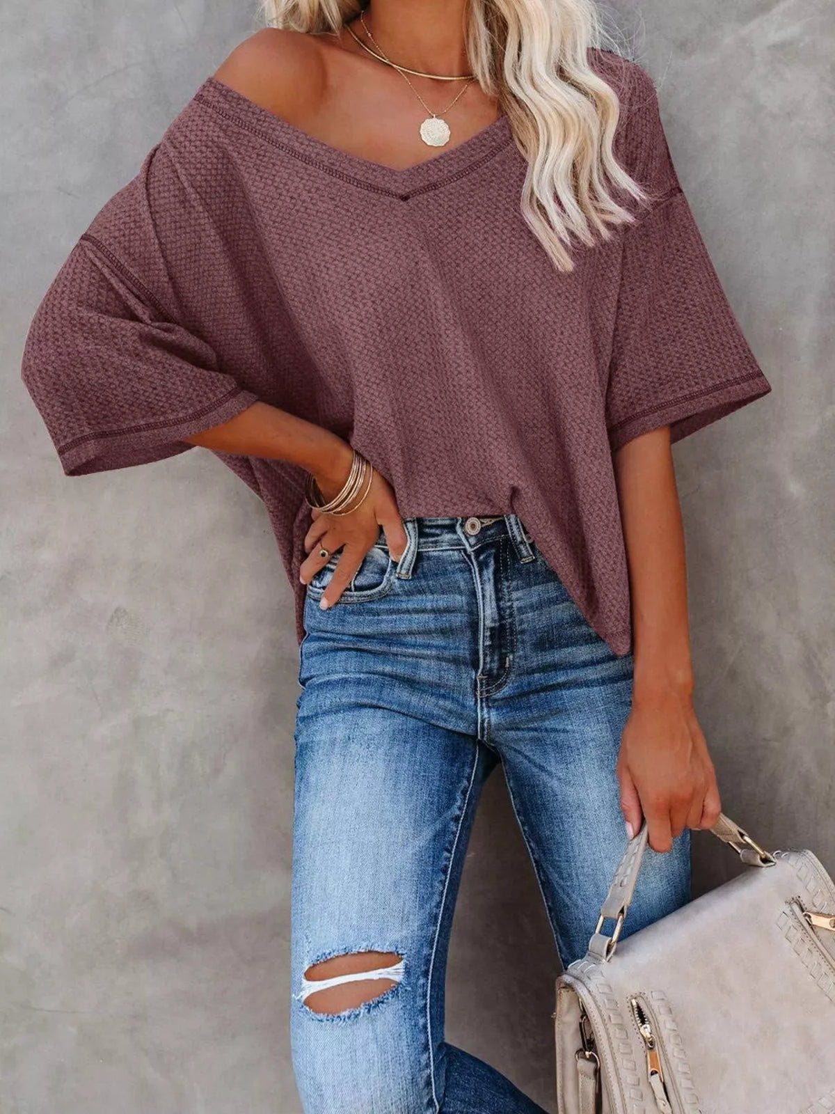 Waffle Knit V-neck Short Sleeve T-shirt (23)