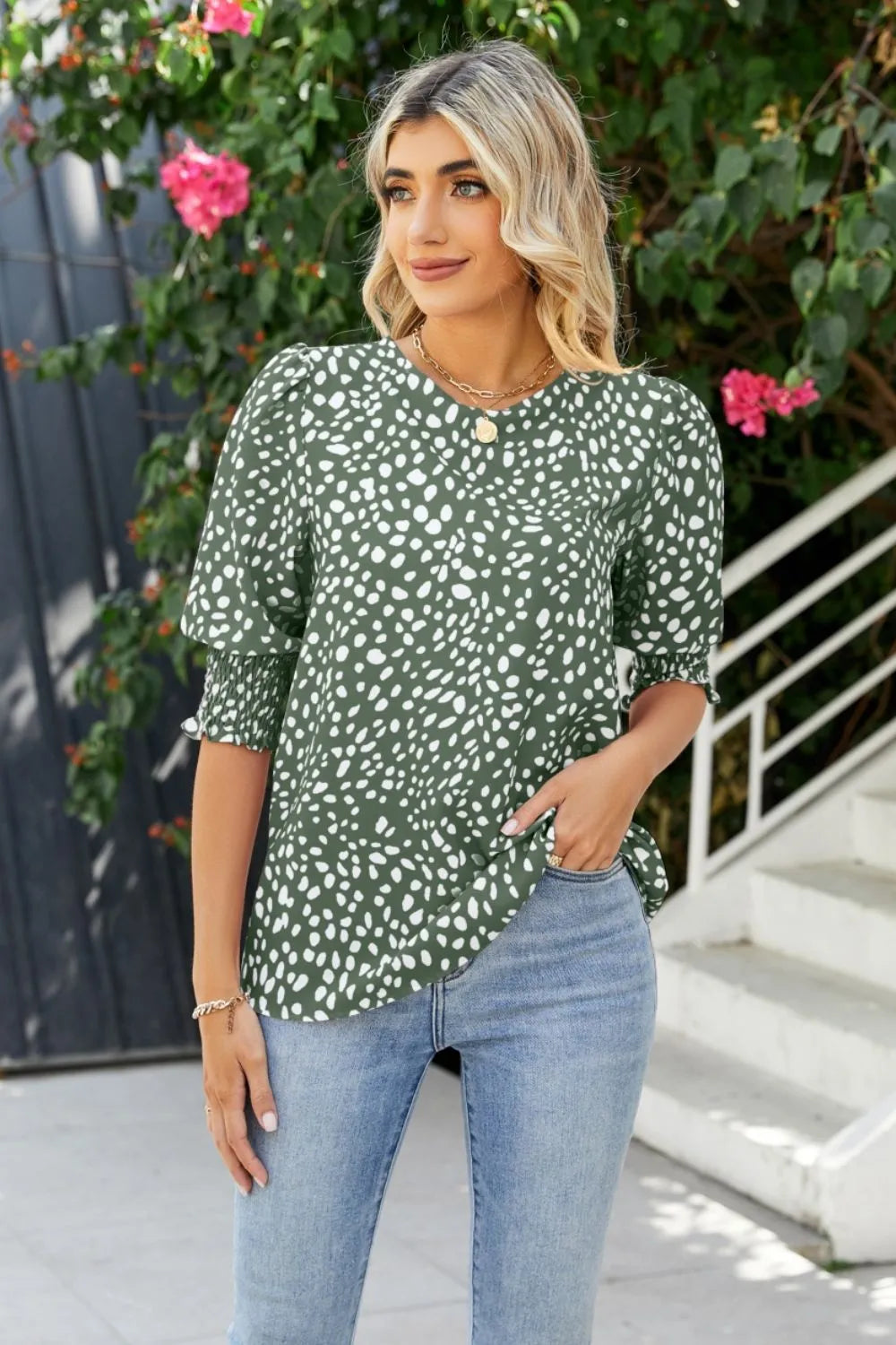 Polka Dot Round Neck Lantern Sleeve Blouse (18)