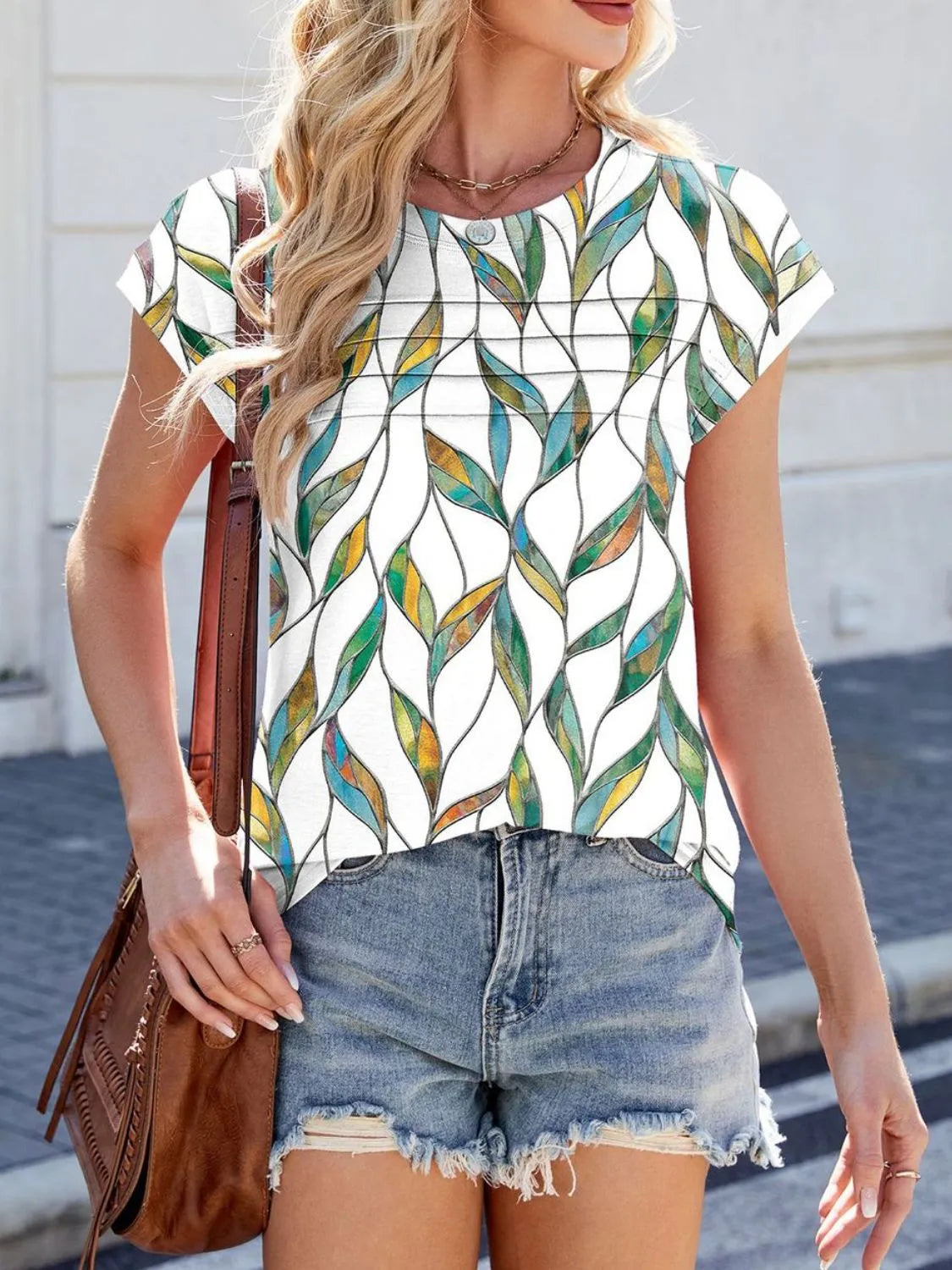 Printed Round Neck Cap Sleeve Top (6)