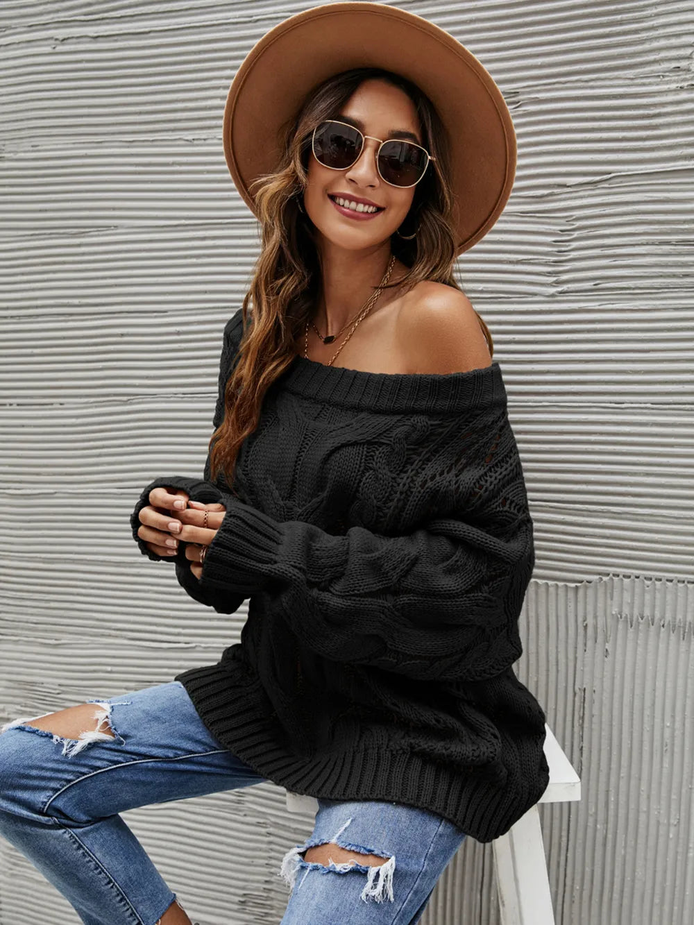 Cable Knit Openwork Off-shoulder Sweater (11)
