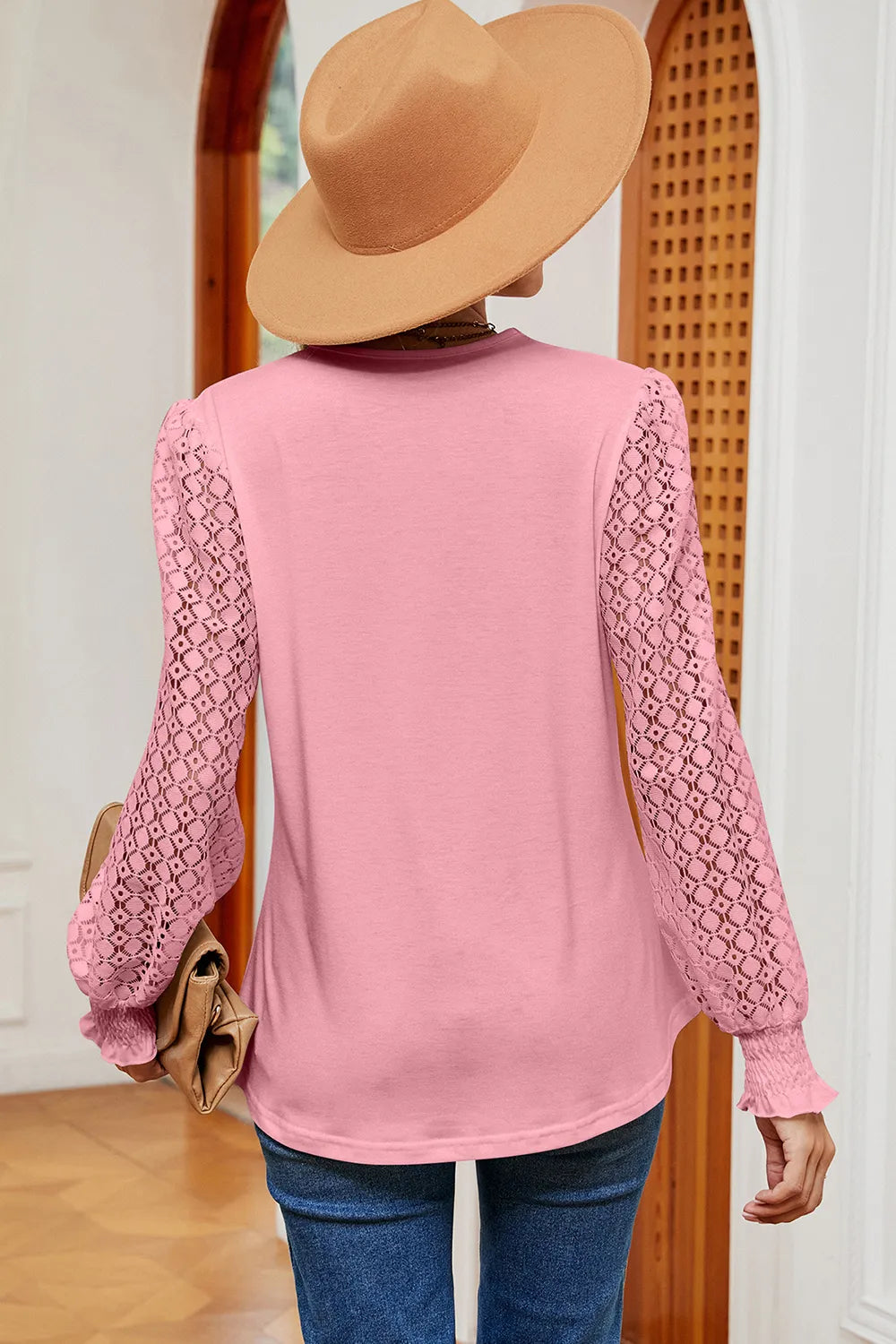 Openwork V-neck Long Sleeve T-shirt (9)