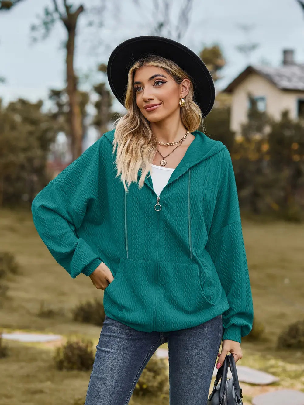 Zip Up Drawstring Long Sleeve Hooded Jacket (22)